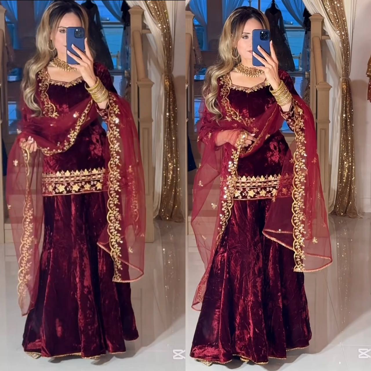 Fabulous Red Velvet Sequence Work Sharara Suit