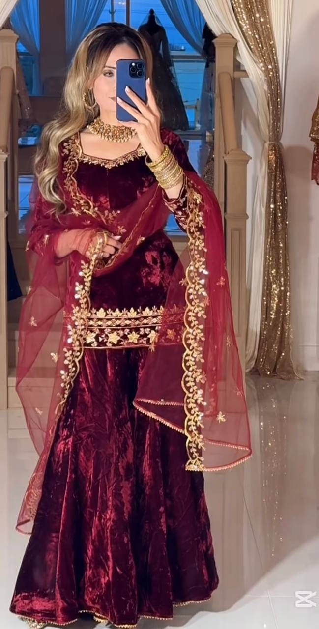 Fabulous Red Velvet Sequence Work Sharara Suit