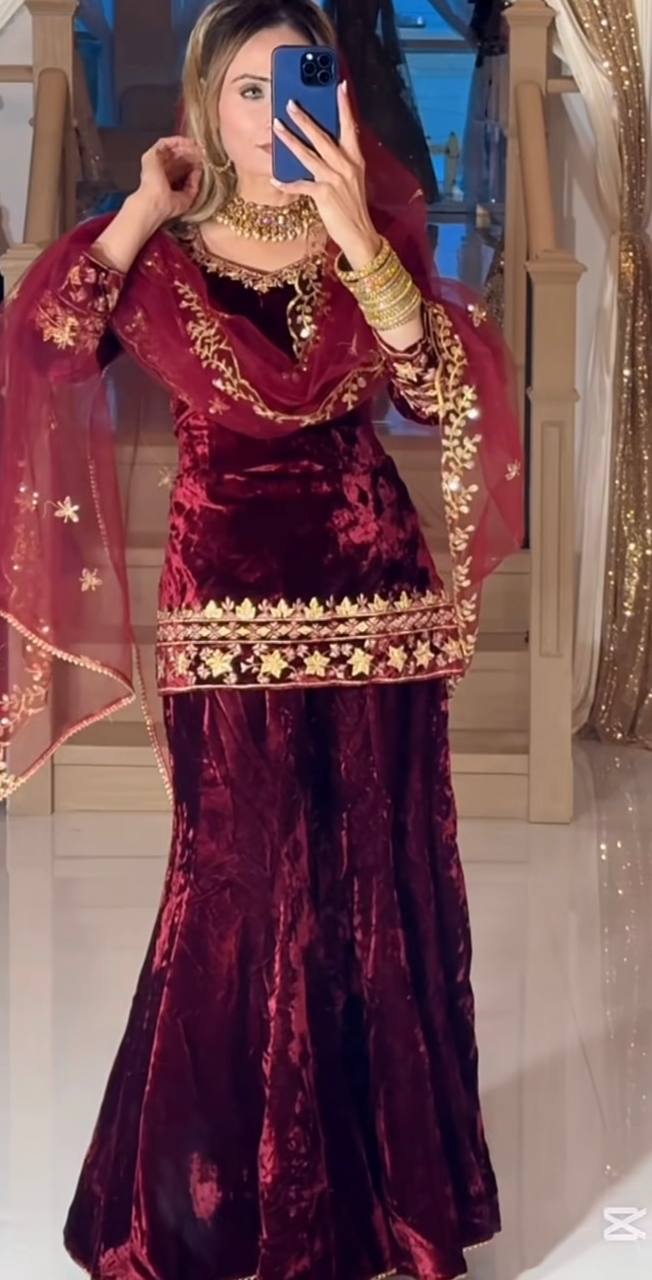 Ravishing Maroon Velvet with Embroidery Work Sharara Suit