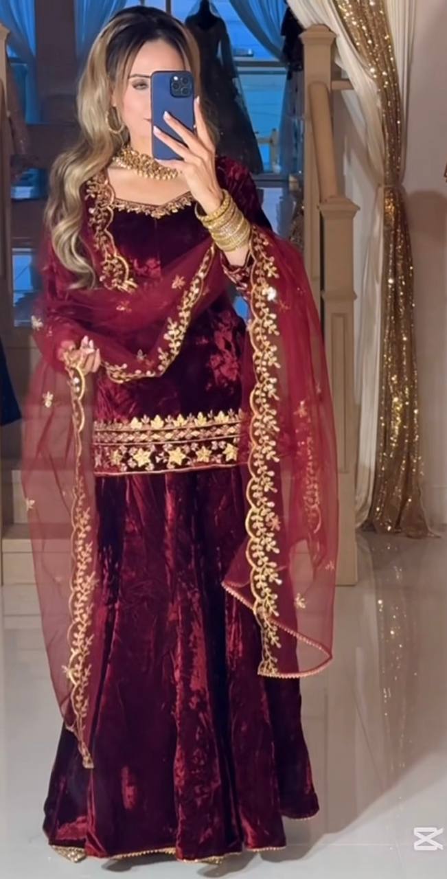 Fabulous Red Velvet Sequence Work Sharara Suit
