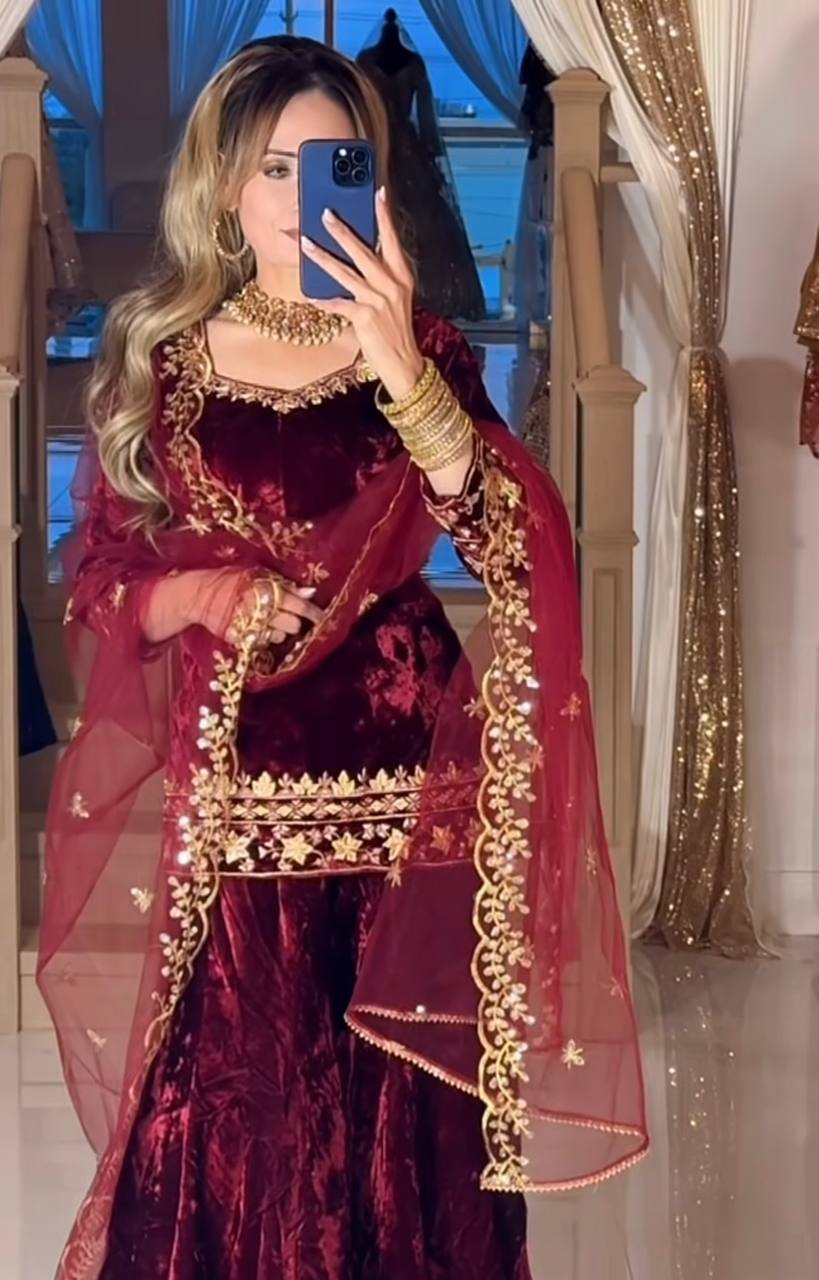 Fabulous Red Velvet Sequence Work Sharara Suit