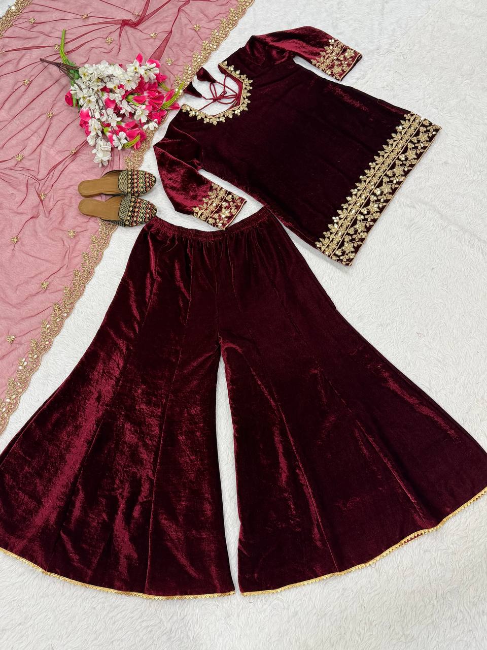 Ravishing Maroon Velvet with Embroidery Work Sharara Suit