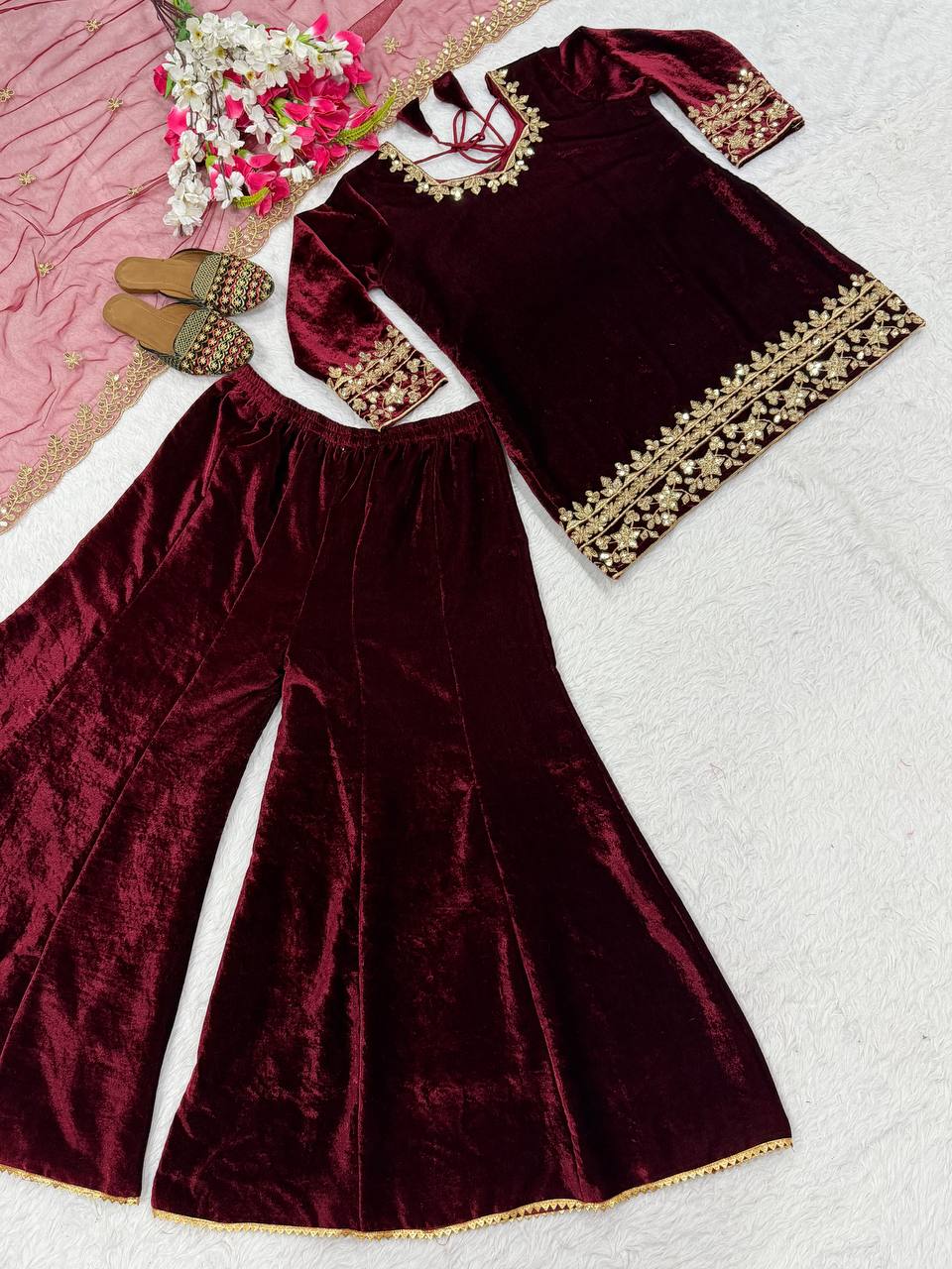 Ravishing Maroon Velvet with Embroidery Work Sharara Suit