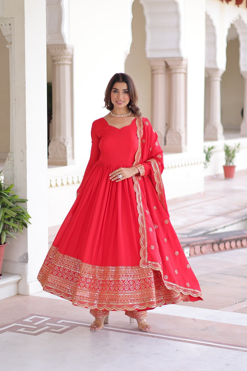 Fabulous Red Silk with Embroidered Work Gown