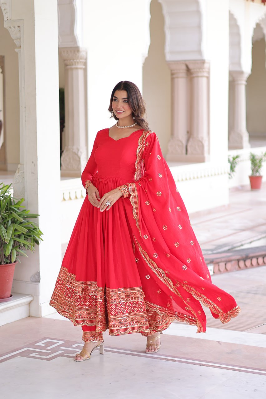 Fabulous Red Silk with Embroidered Work Gown