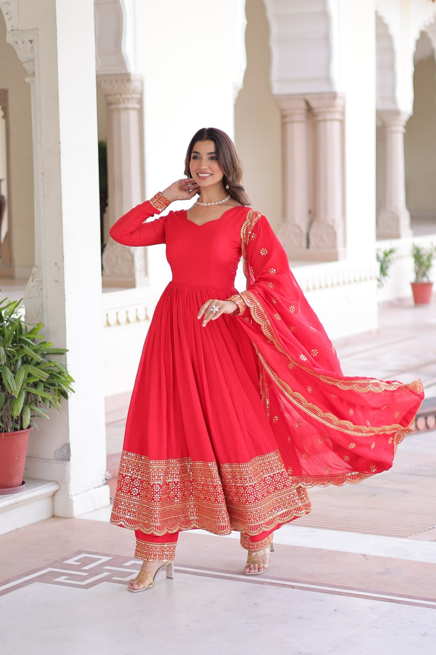 Fabulous Red Silk with Embroidered Work Gown