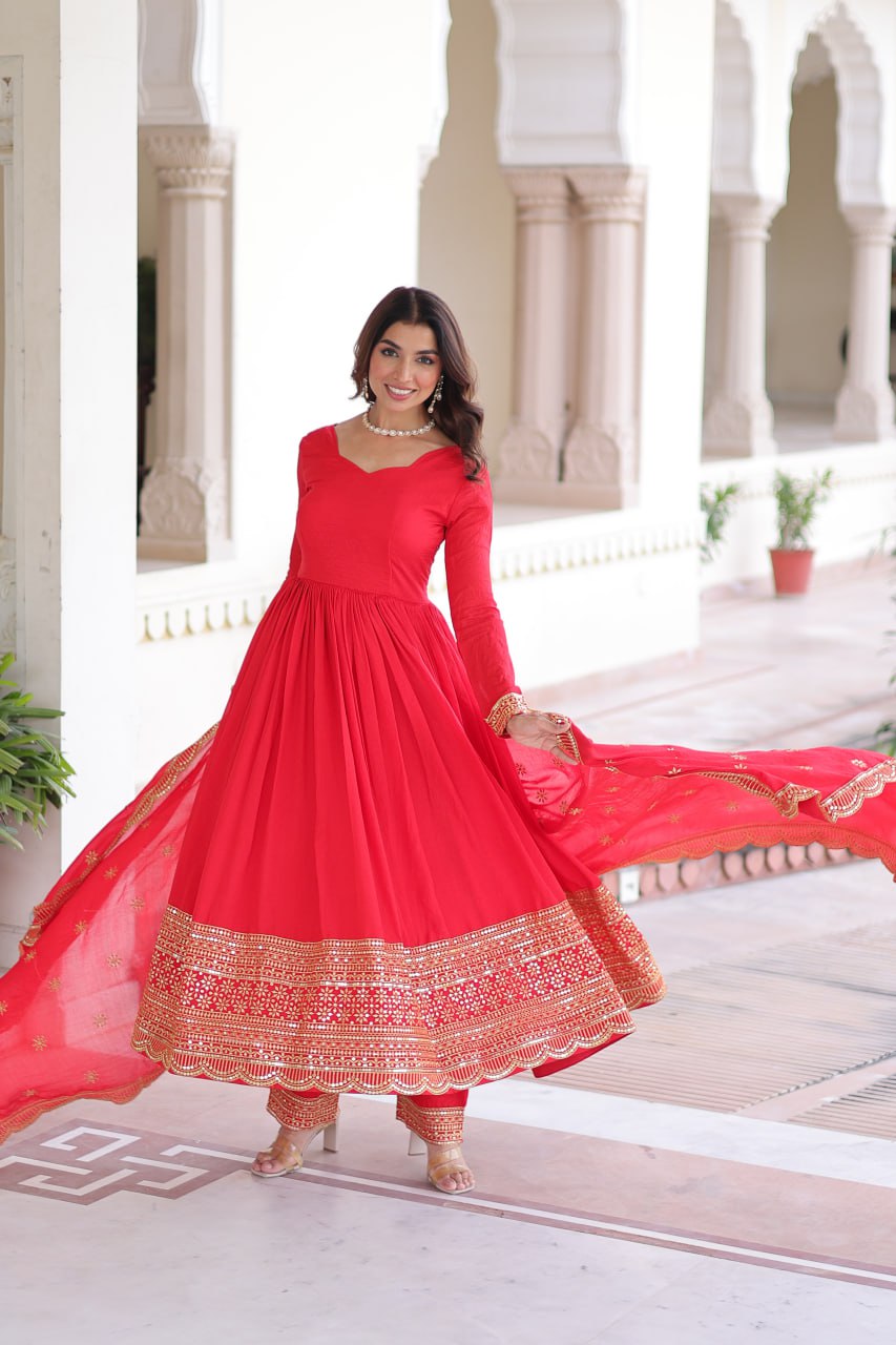 Fabulous Red Silk with Embroidered Work Gown