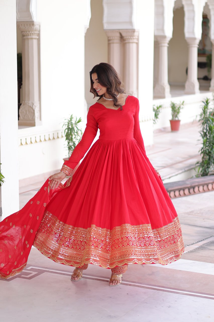 Fabulous Red Silk with Embroidered Work Gown