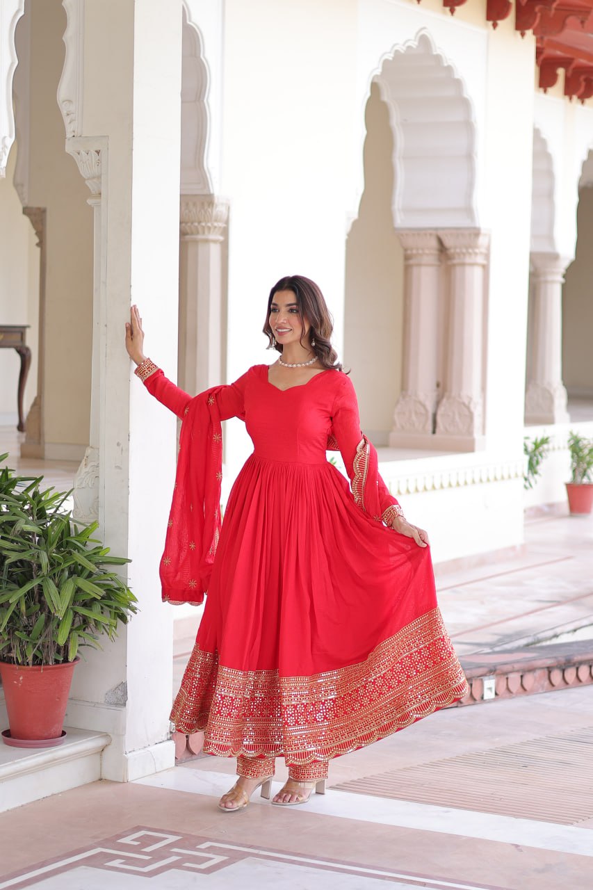 Fabulous Red Silk with Embroidered Work Gown