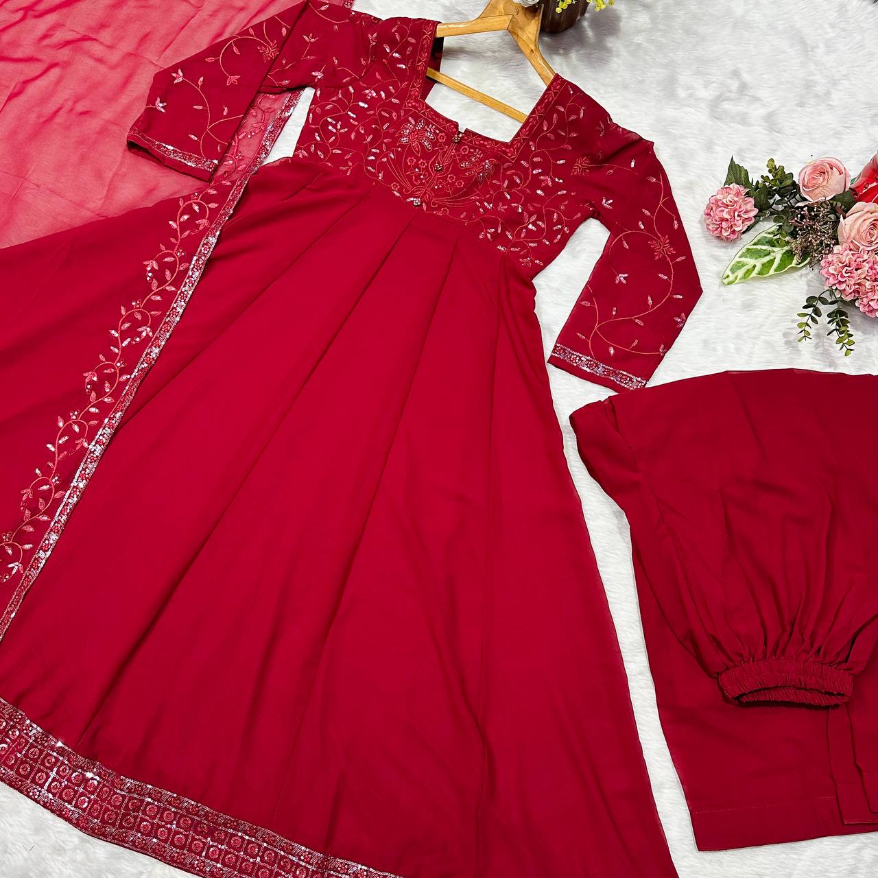 Captivating Maroon Blooming Embroidery Anarkali Suit