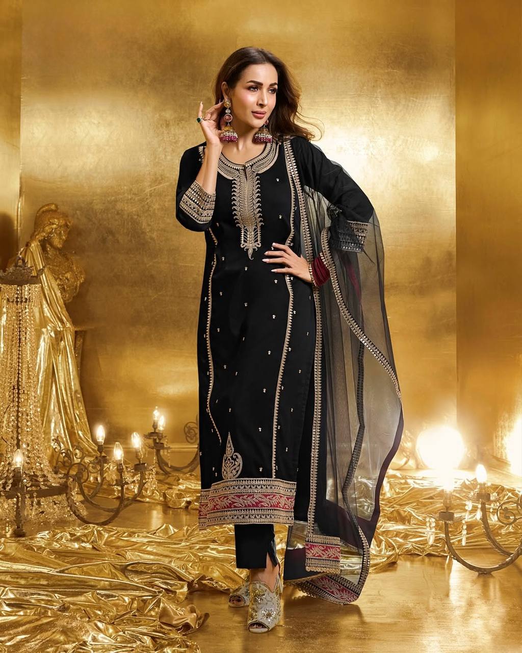 Wonderful Black Georgette Embroidery Work Palazzo Suit