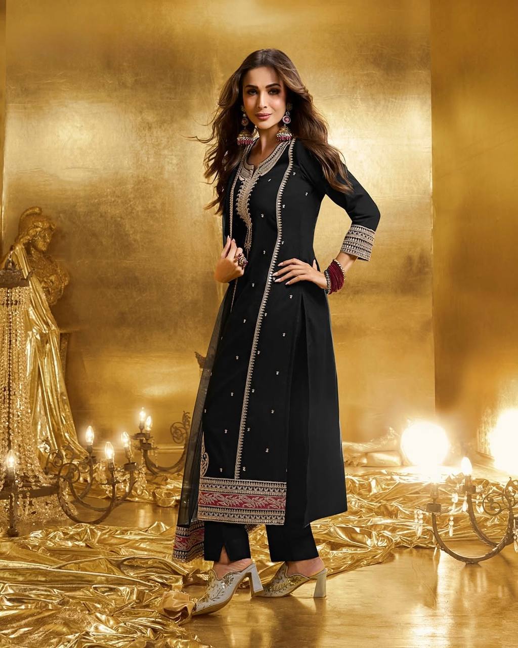 Wonderful Black Georgette Embroidery Work Palazzo Suit