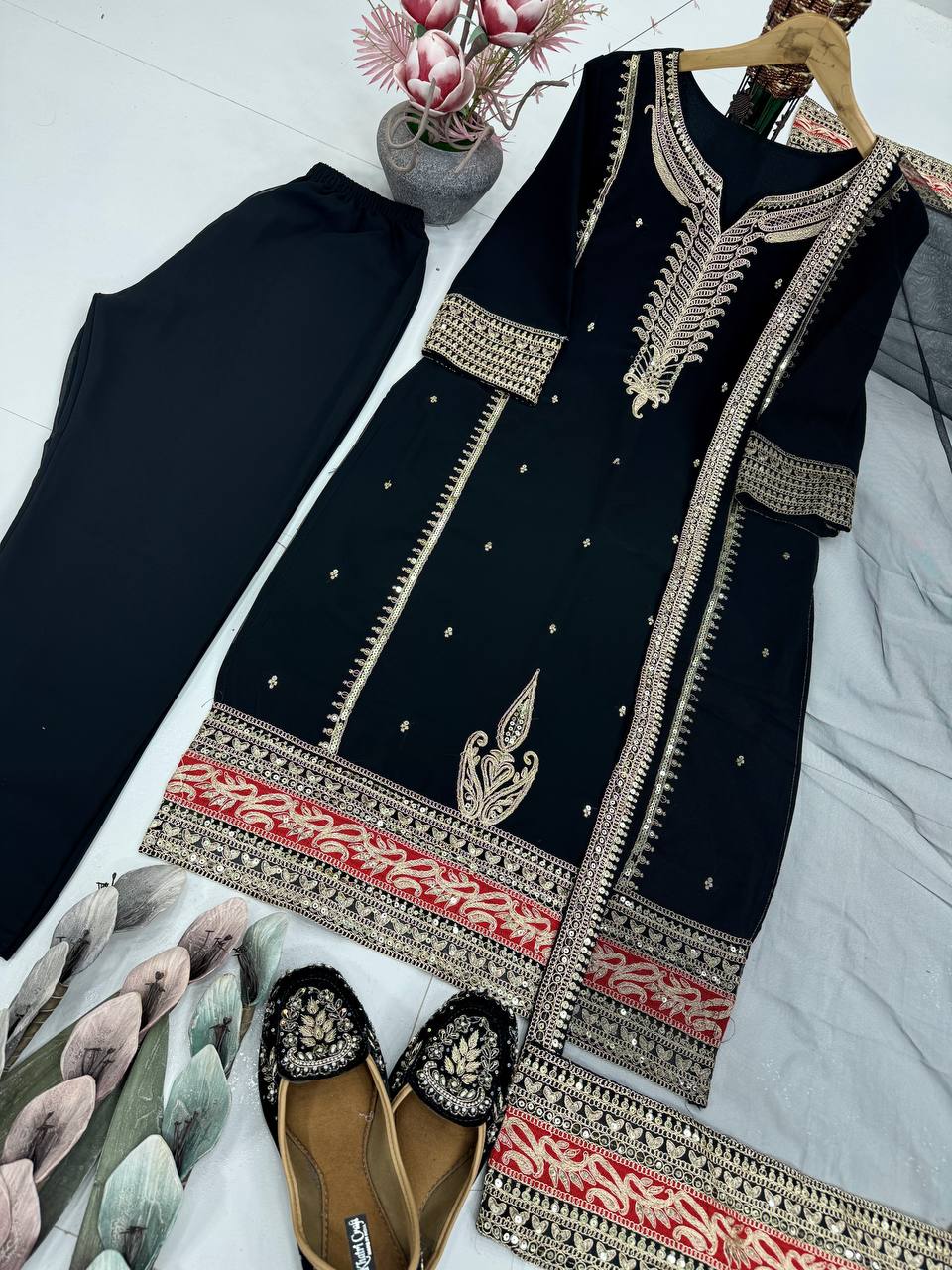 Wonderful Black Georgette Embroidery Work Palazzo Suit