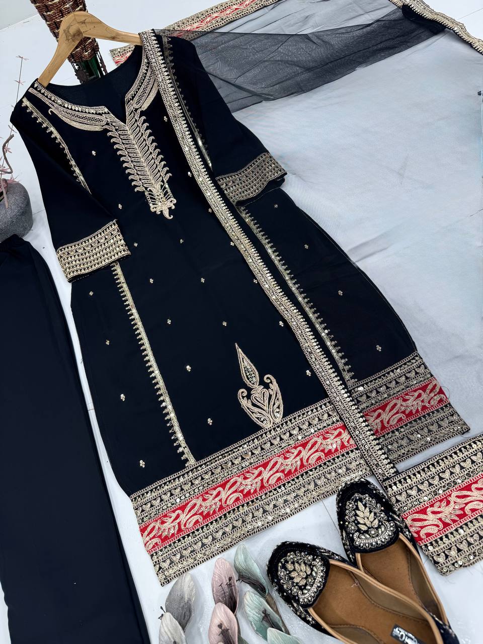 Wonderful Black Georgette Embroidery Work Palazzo Suit
