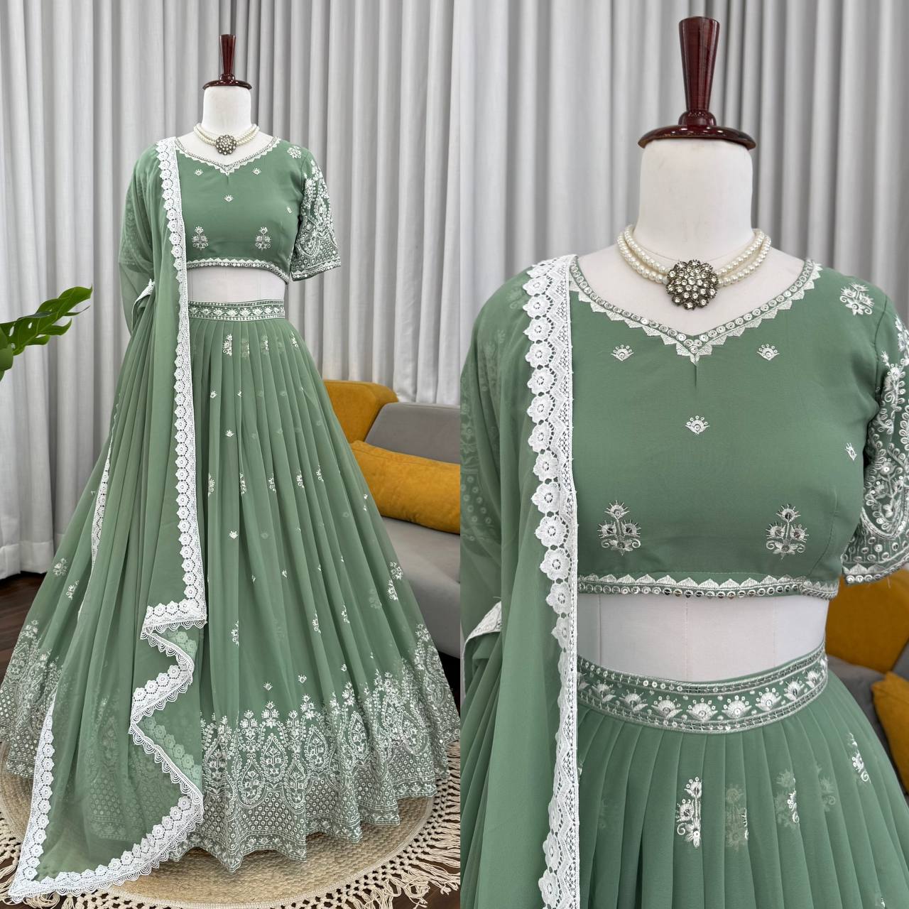 Exotic Green Georgette Thread Work Lehenga Choli