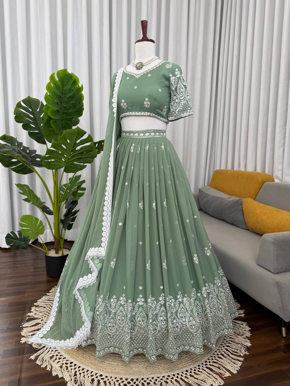 Exotic Green Georgette Thread Work Lehenga Choli