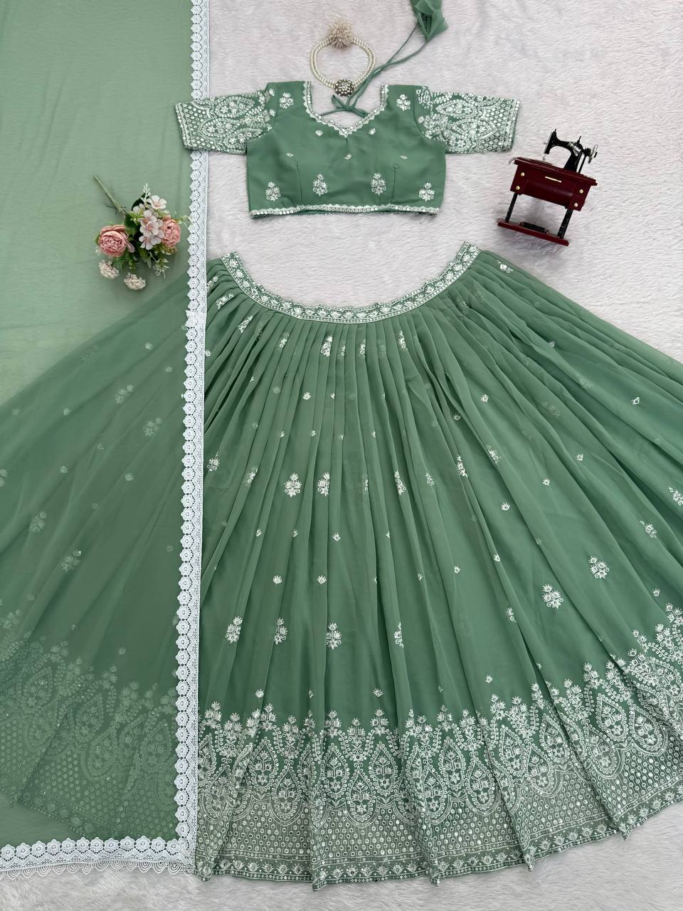 Exotic Green Georgette Thread Work Lehenga Choli