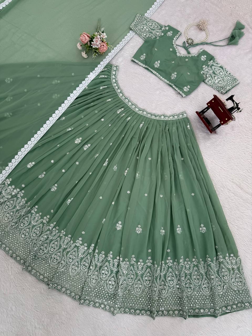Exotic Green Georgette Thread Work Lehenga Choli