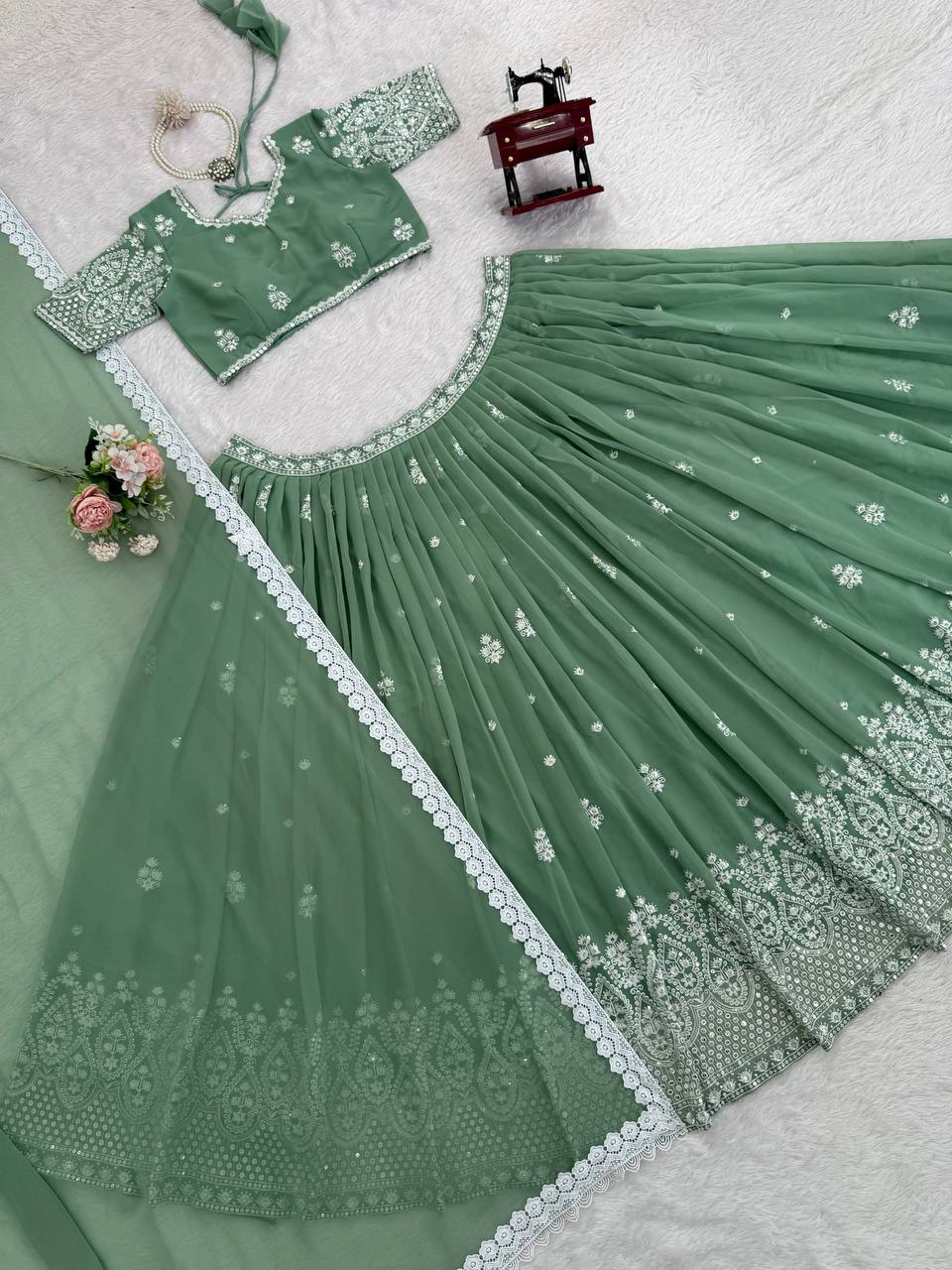 Exotic Green Georgette Thread Work Lehenga Choli