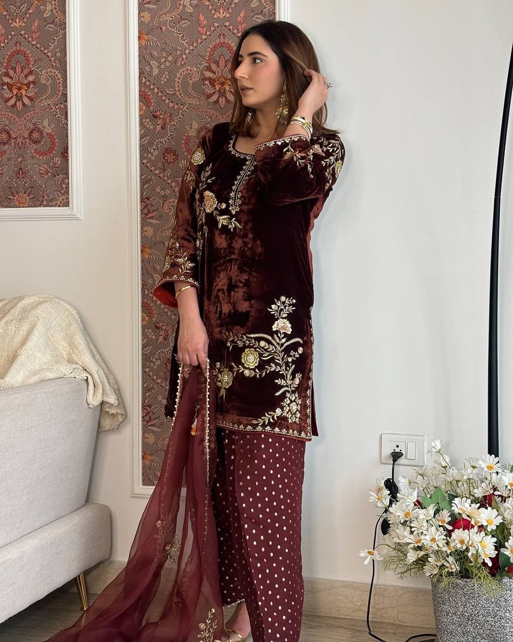 Pretty Maroon Velvet Sequence Work Farshi Salwar