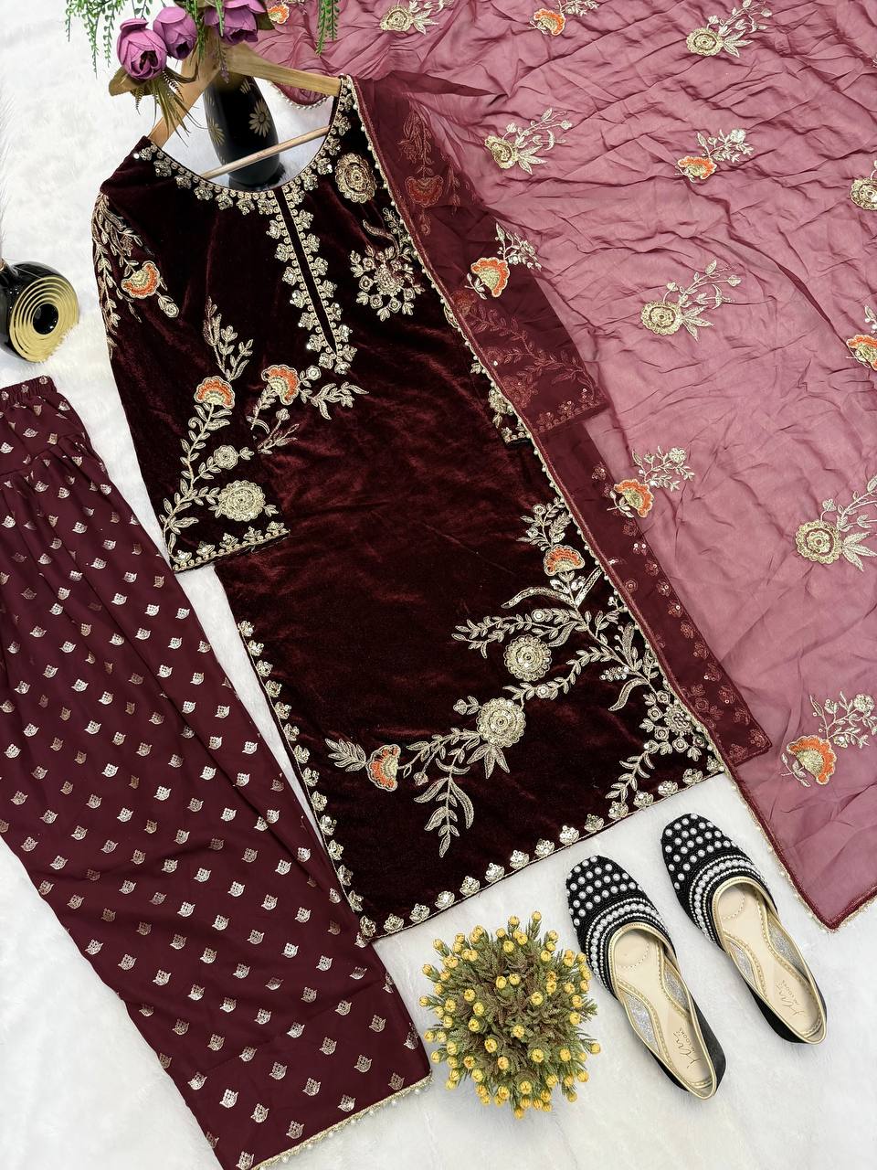 Pretty Maroon Velvet Sequence Work Farshi Salwar