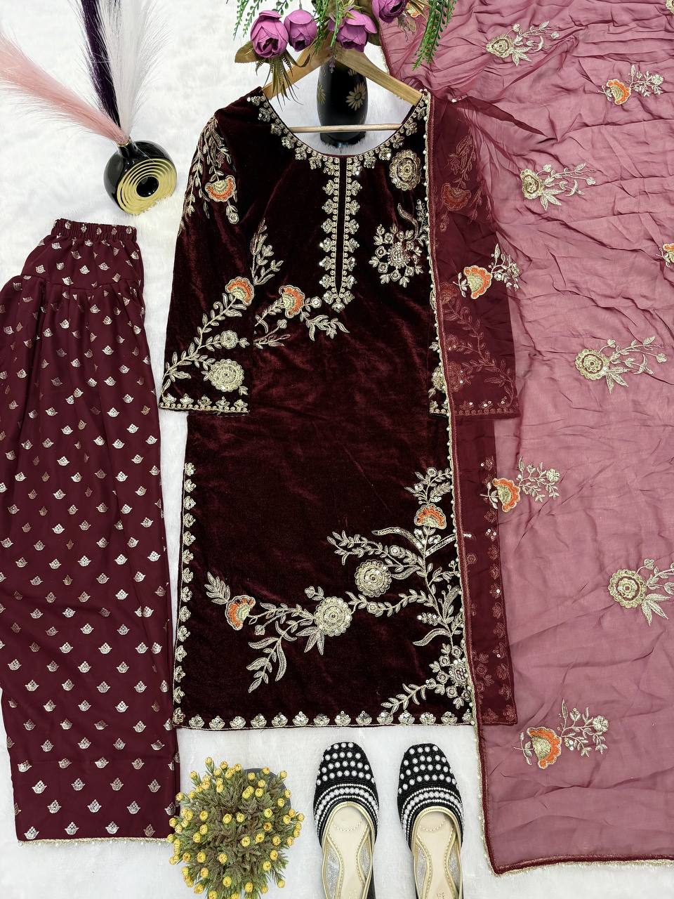 Pretty Maroon Velvet Sequence Work Farshi Salwar