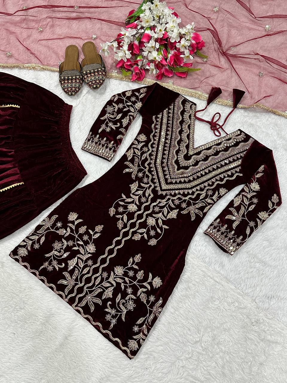Alluring Maroon Velvet Embroidery Work Dhoti Suit