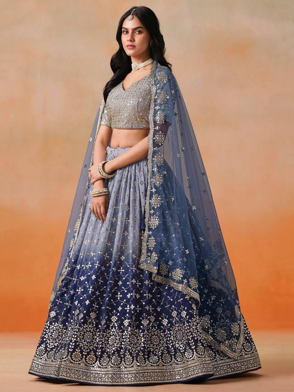 Designer Teal Blue Georgette Sequence Work Lehenga