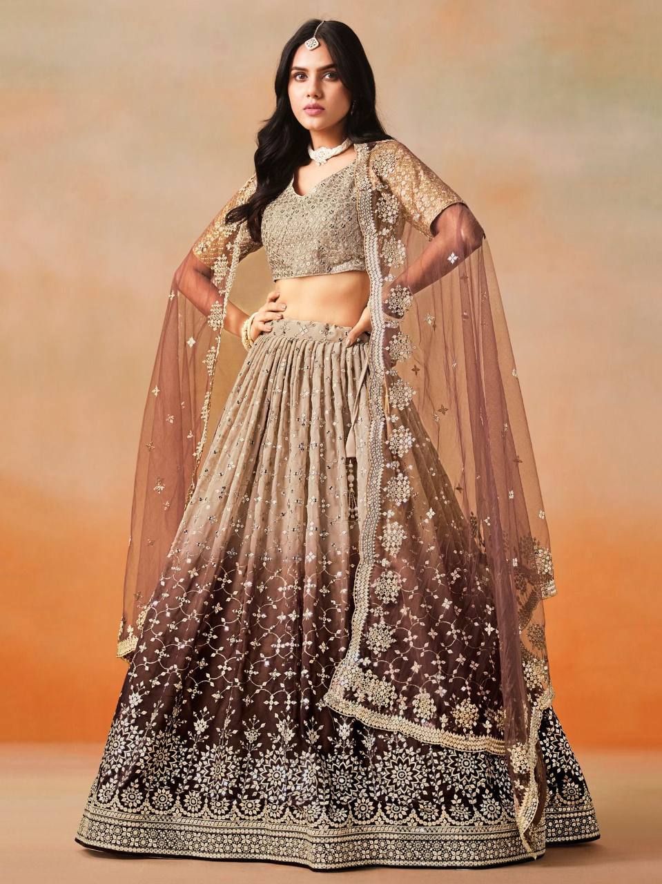 Designer Teal Blue Georgette Sequence Work Lehenga