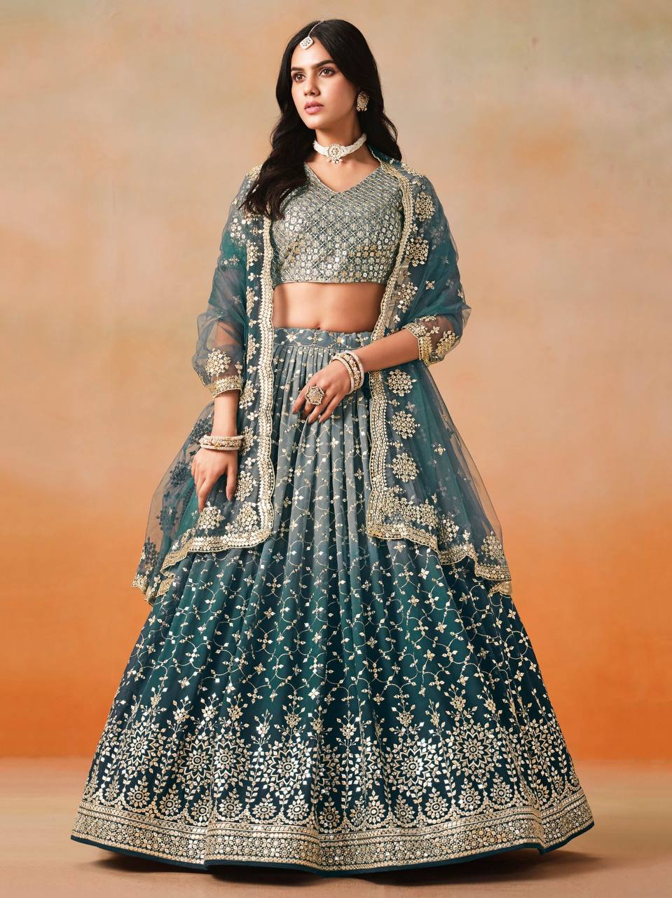 Designer Teal Blue Georgette Sequence Work Lehenga