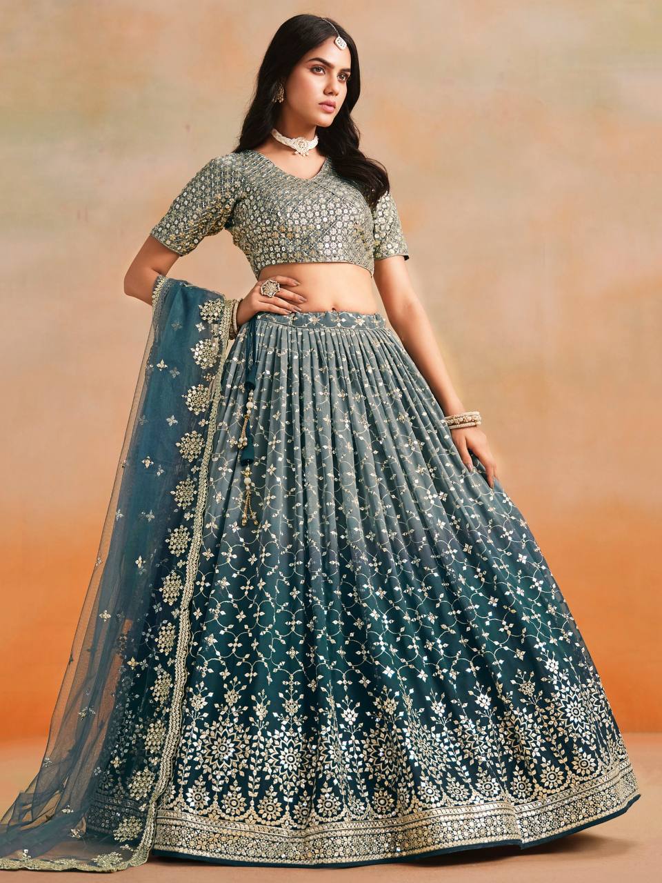Designer Teal Blue Georgette Sequence Work Lehenga