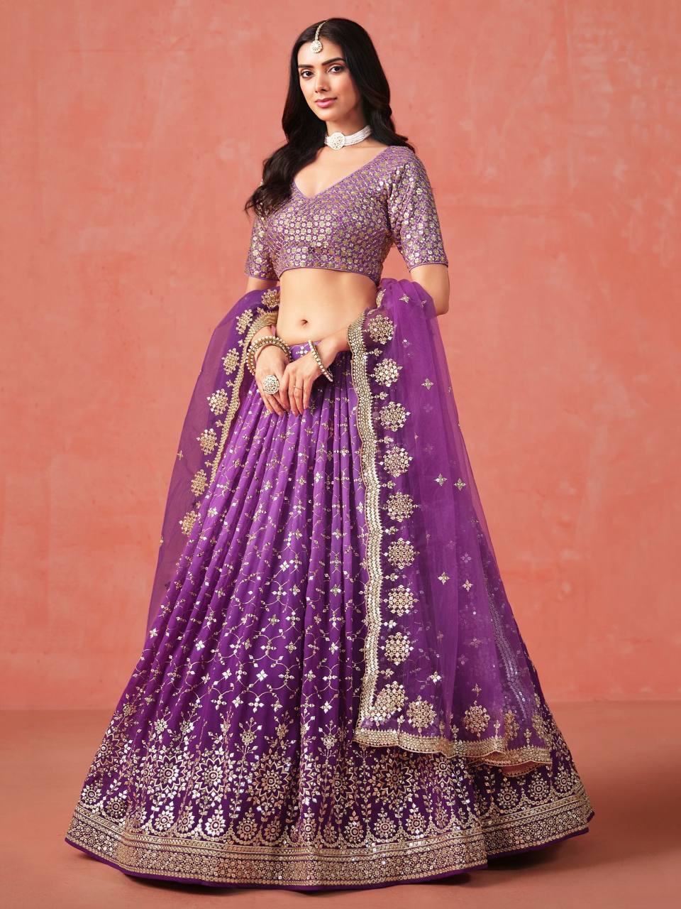 Designer Teal Blue Georgette Sequence Work Lehenga