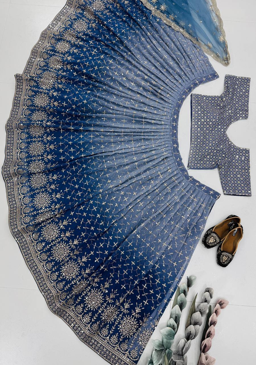 Designer Teal Blue Georgette Sequence Work Lehenga