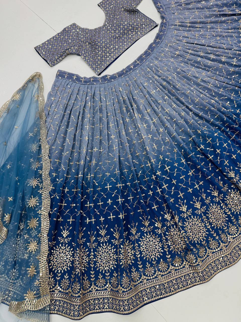 Designer Teal Blue Georgette Sequence Work Lehenga