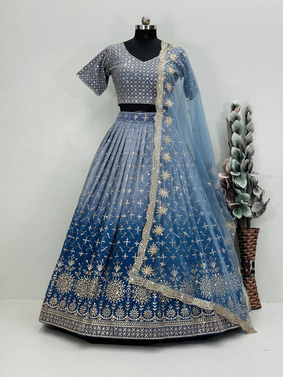 Designer Teal Blue Georgette Sequence Work Lehenga