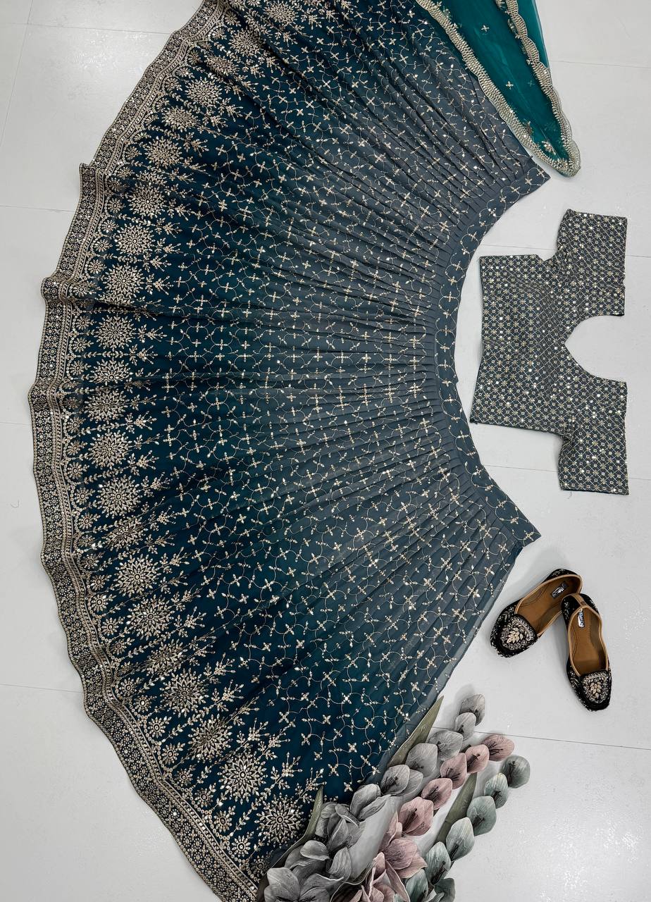 Designer Teal Blue Georgette Sequence Work Lehenga