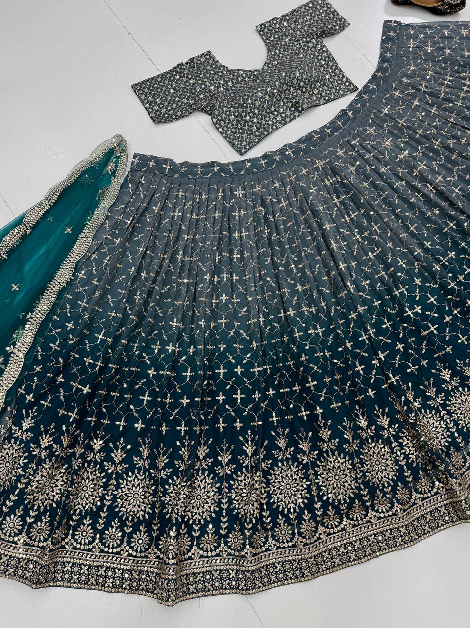 Designer Teal Blue Georgette Sequence Work Lehenga