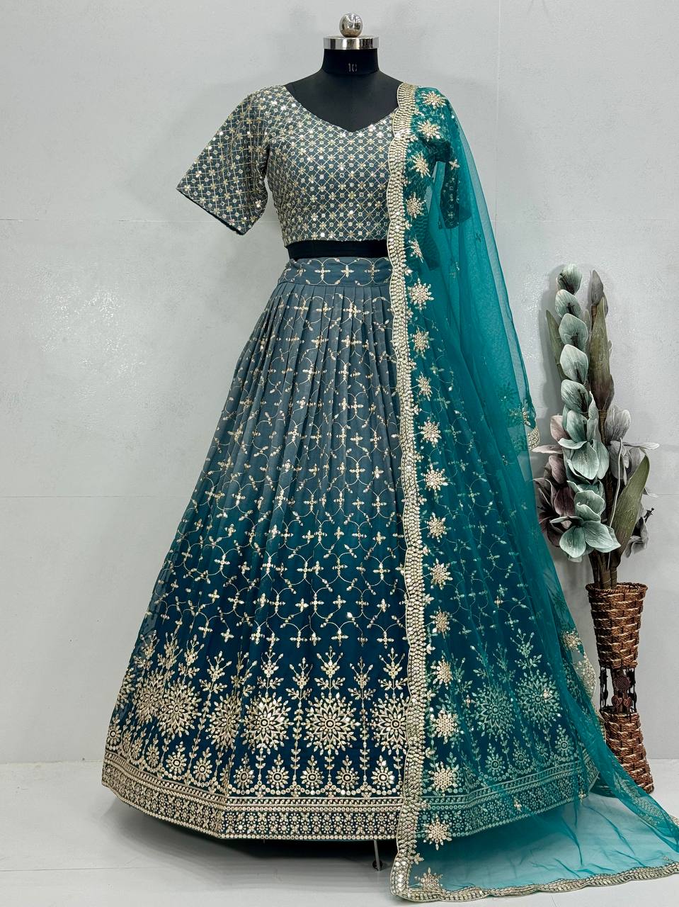 Designer Teal Blue Georgette Sequence Work Lehenga