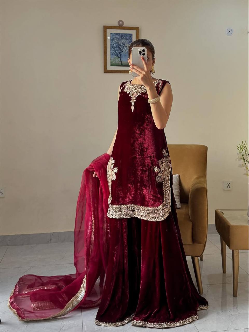 Stylish Maroon Velvet with Embroidery Work Palazzo Suit