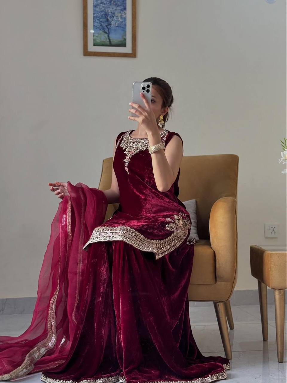 Stylish Maroon Velvet with Embroidery Work Palazzo Suit