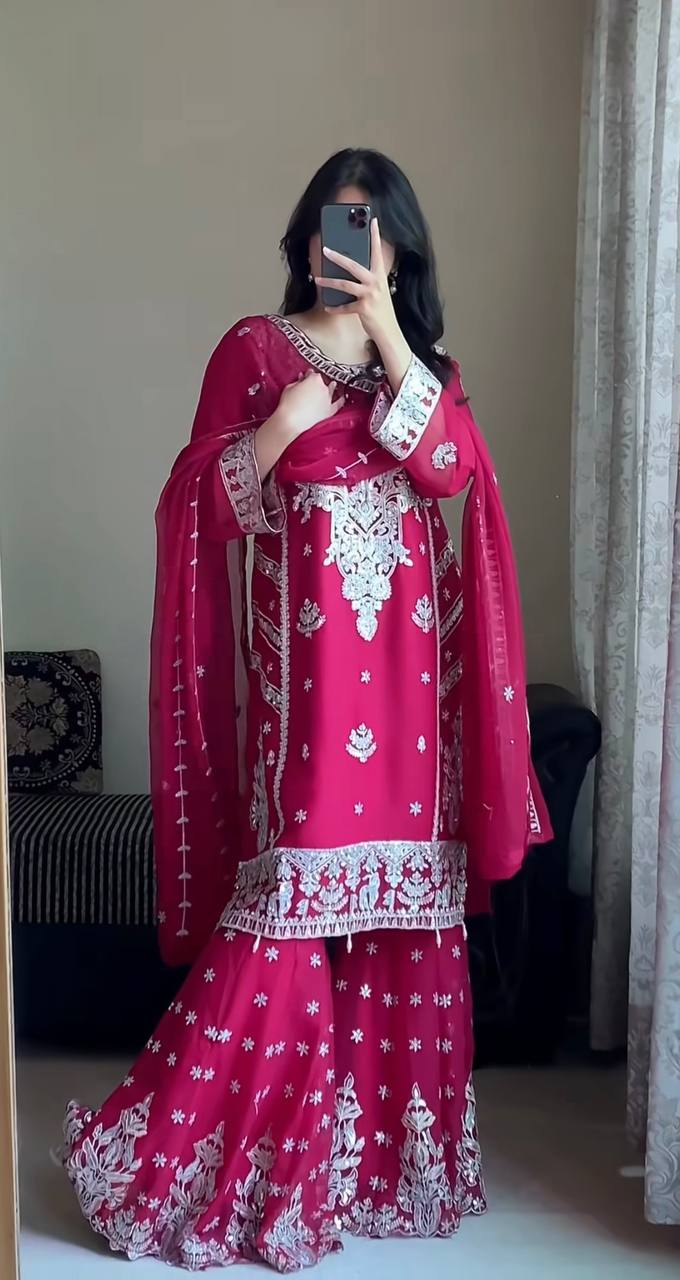 Stunning Pink Georgette Embroidery Work Sharara Suit