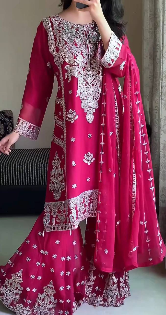 Stunning Pink Georgette Embroidery Work Sharara Suit