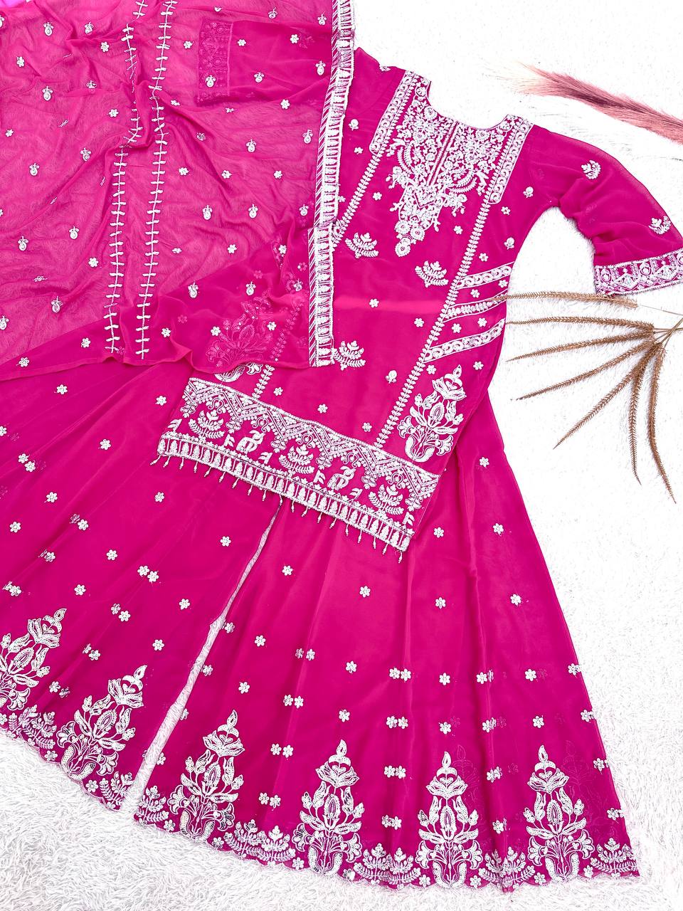 Stunning Pink Georgette Embroidery Work Sharara Suit