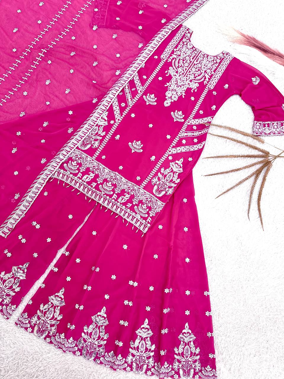 Stunning Pink Georgette Embroidery Work Sharara Suit