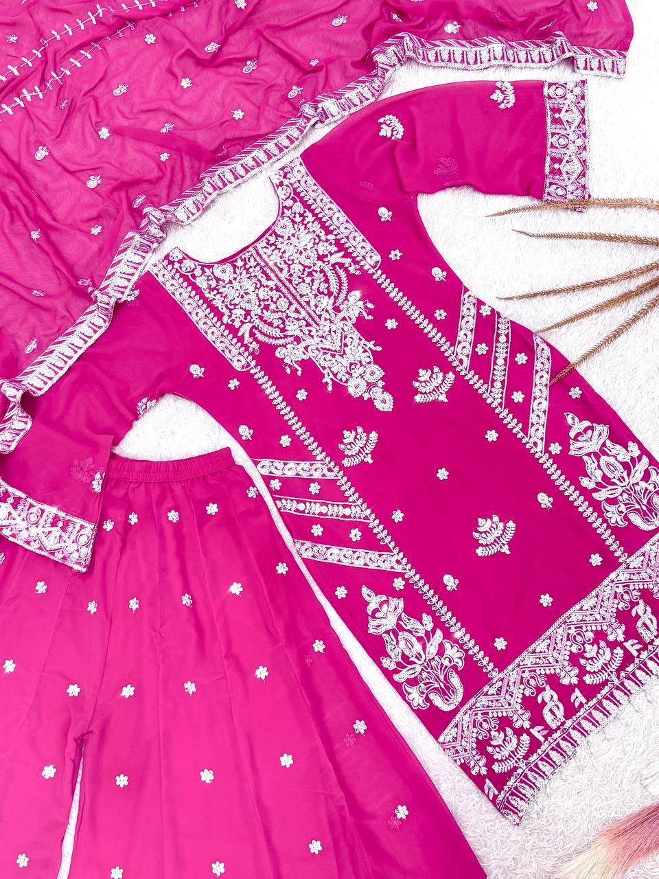 Stunning Pink Georgette Embroidery Work Sharara Suit