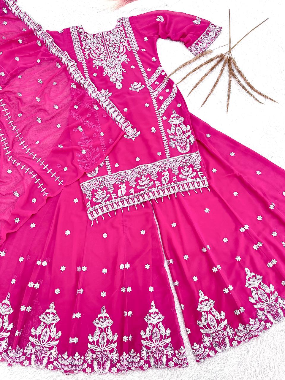 Stunning Pink Georgette Embroidery Work Sharara Suit