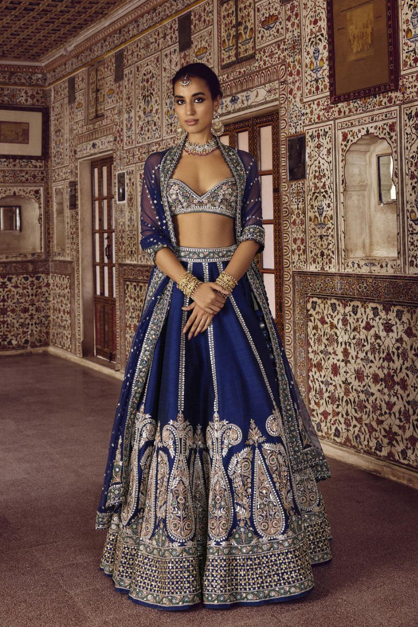 Marvelous Blue Slub Silk Embroidery Work Lehenga Choli