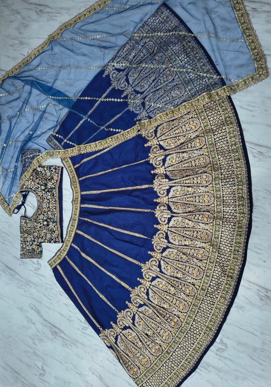 Marvelous Blue Slub Silk Embroidery Work Lehenga Choli