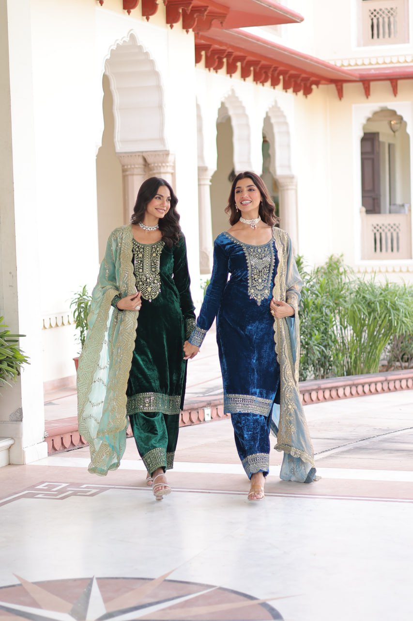 Lovely Blue Velvet with Zari Work Palazzo Suit