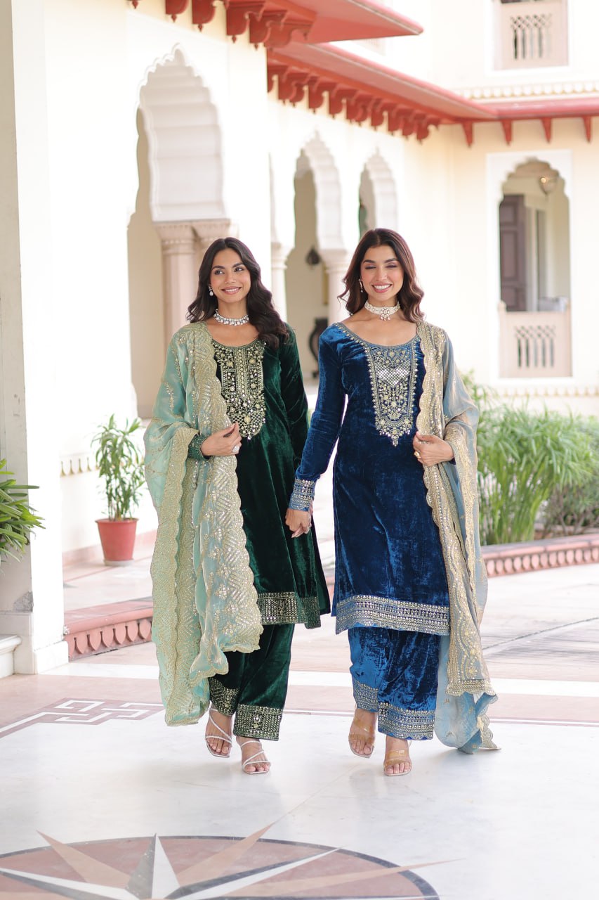 Lovely Blue Velvet with Zari Work Palazzo Suit